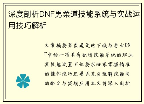 深度剖析DNF男柔道技能系统与实战运用技巧解析