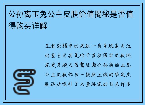公孙离玉兔公主皮肤价值揭秘是否值得购买详解