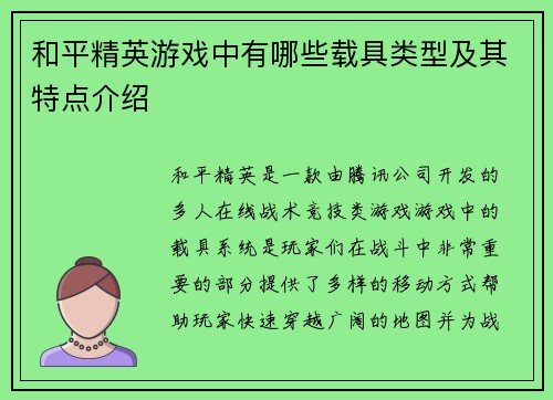 和平精英游戏中有哪些载具类型及其特点介绍