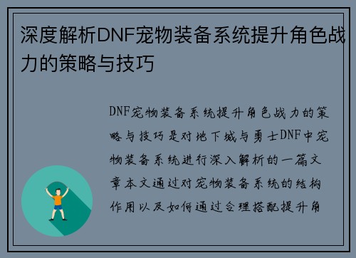深度解析DNF宠物装备系统提升角色战力的策略与技巧